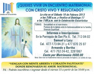 La parroquia de San Pío X te invita a su encuentro matrimonial 16 y 17 de febrero.