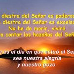 La diestra del Señor es poderosa, la diestra del Señor es excelsa. No he de morir, viviré. para contar las hazañas del Señor. Éste es el día en que actuó el Señor: sea nuestra alegría. y nuestro gozo.