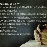 15Los ojos del SEÑOR están sobre los justos, y sus oídos, atentos a sus oraciones; 16el rostro del SEÑOR está contra los que hacen el mal, para borrar de la tierra su memoria. 17Los justos claman, y el SEÑOR los oye; los libra de todas sus angustias.
