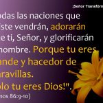 Todas las naciones que hiciste vendrán, adorarán ante ti, Señor, y glorificarán tu nombre. Porque tu eres grande y hacedor de maravillas. ¡Solo tu eres Dios! . (Salmos 86:9-10)